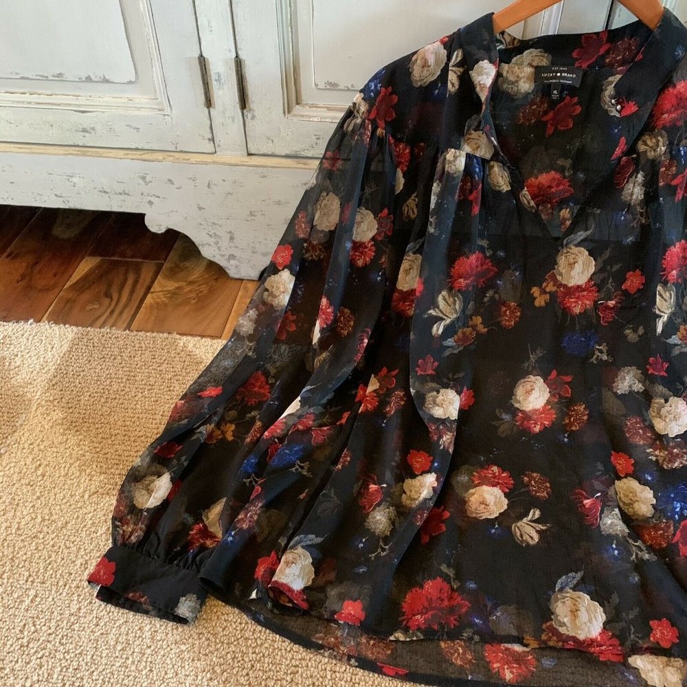 Darling Lucky Brand Floral Chiffon Black Blouse XL - Picture 4 of 8